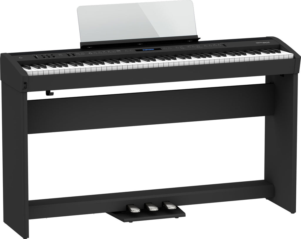 Roland FP-60X digital piano in black with furniture stand and pedal unit