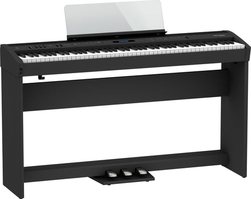 Roland FP-60X digital piano in black with furniture stand and pedal unit