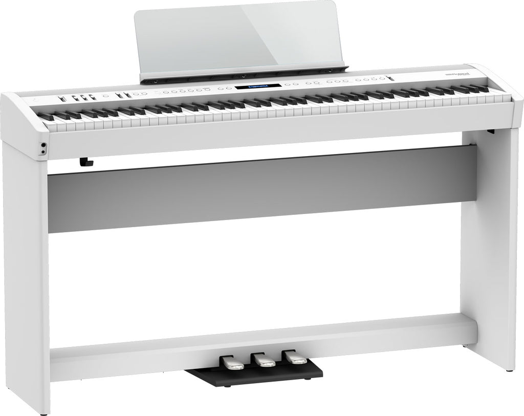 Roland FP-60X digital piano in white with furniture stand and pedal unit