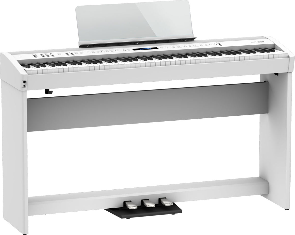 Roland FP-60X digital piano in white with furniture stand and pedal unit