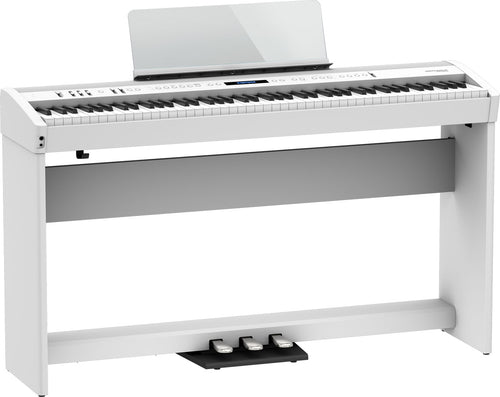 Roland FP-60X digital piano in white with furniture stand and pedal unit