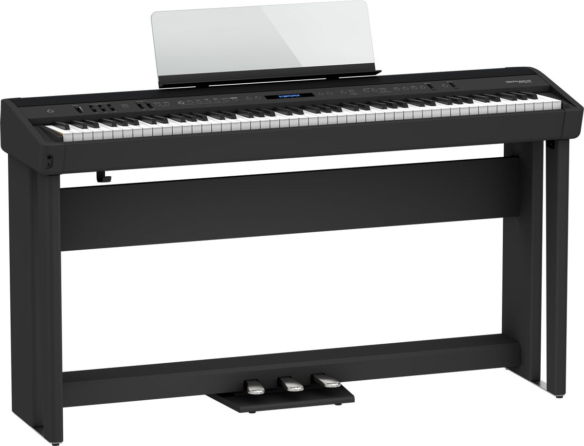 Roland FP-90X digital piano in black with furniture stand and pedal unit