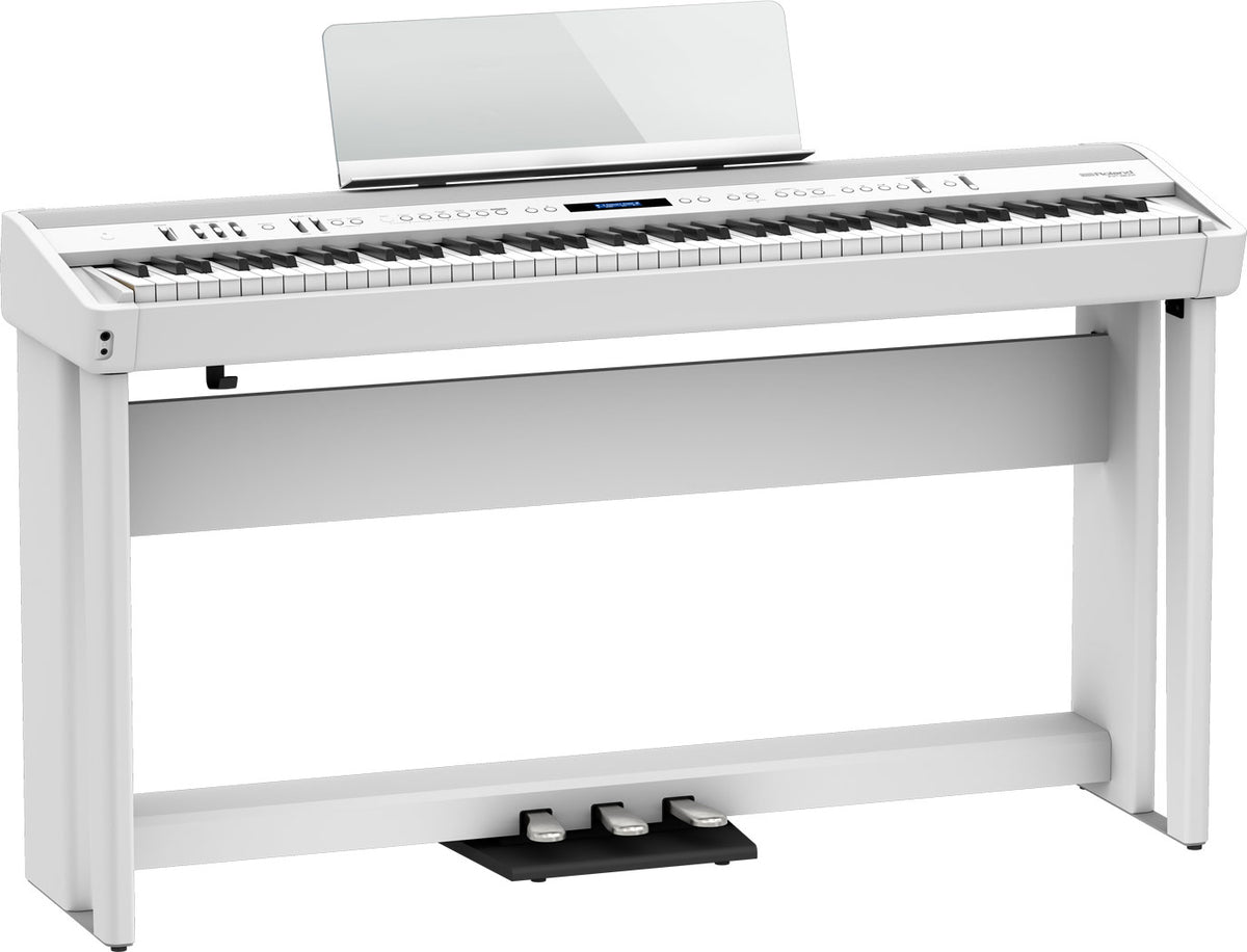 Roland FP-90X digital piano in white with furniture stand and pedal unit