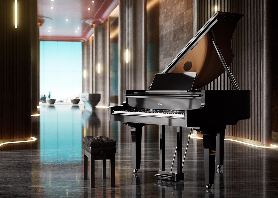 Roland GP-9M digital player grand piano in an entertainment setting